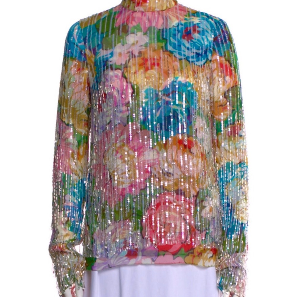 Escada Silk Multicolor Sequin and Swarovski Crystals Floral Blouse